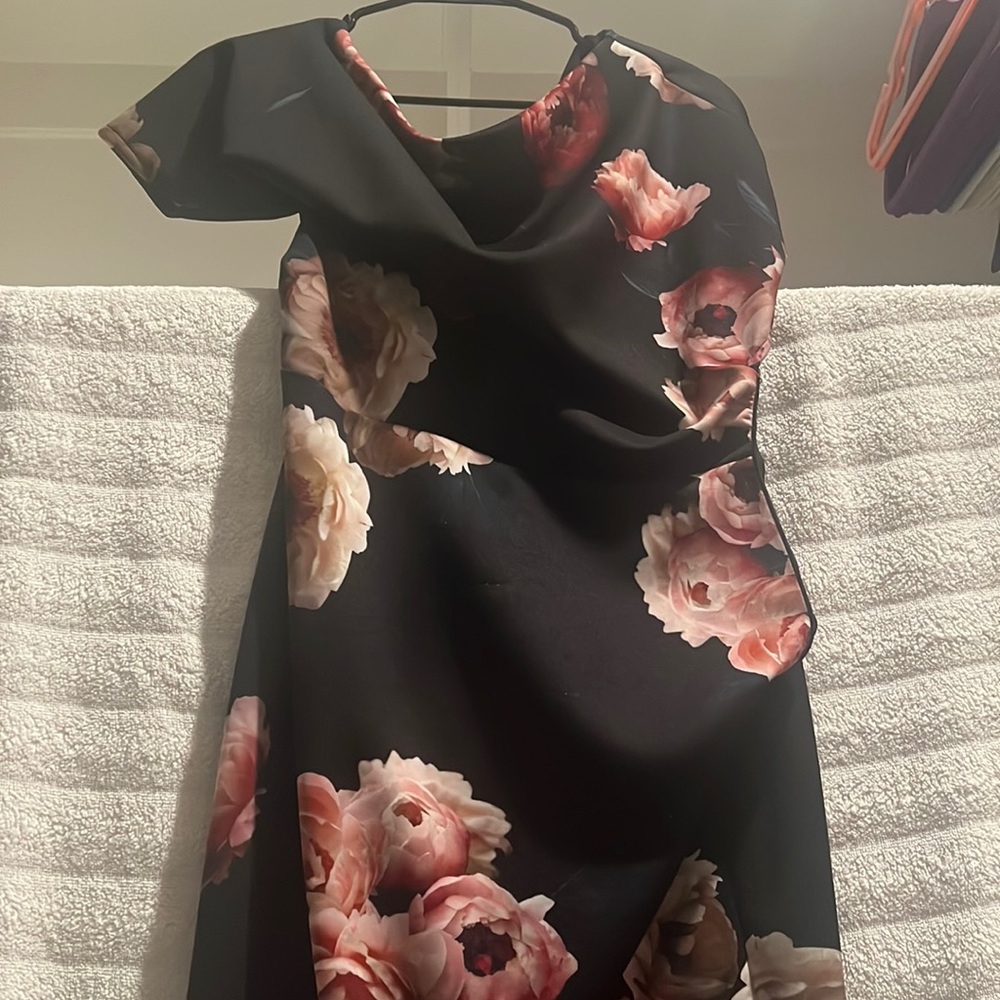 ASOS DESIGN pleated shoulder pencil dress in smoky floral.